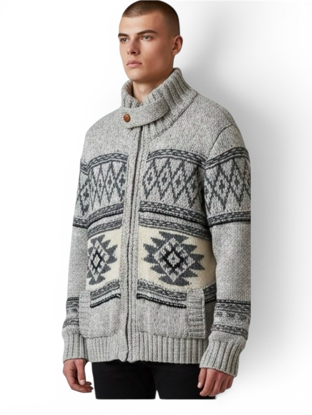 Superdry  Men's Grey Fair Isle Zip-Up Shawl Collar Sweater, Thick, Unique